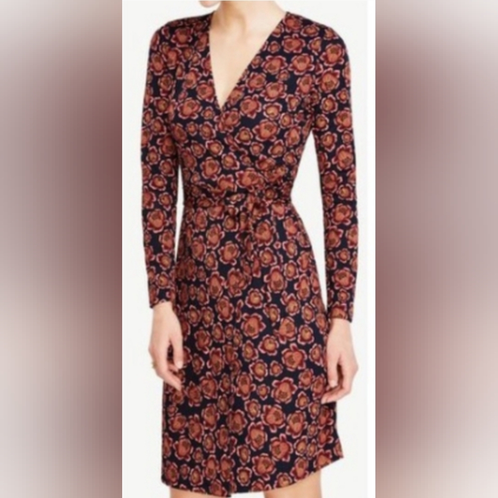 Ann Taylor Navy Floral Wrap Dress with Rust Flowers